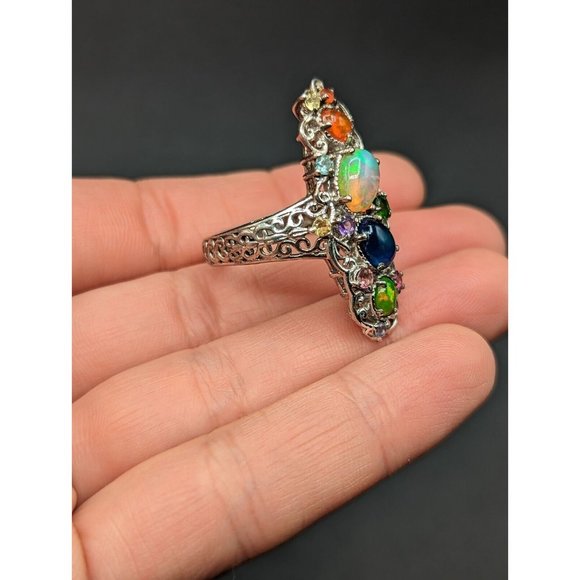 Sterling Silver 925 Multicolor Gemstone Opal Cocktail Statement Ring Size 8 - Picture 7 of 12